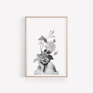 Flower Head Woman Portrait: Black and White Collage Art (Digital Printable)