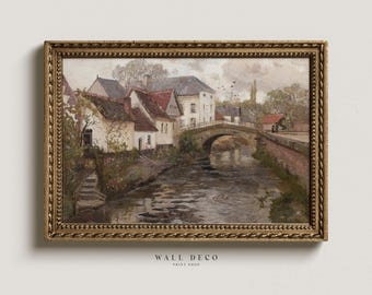 Dipinto ad olio vintage di un villaggio europeo: paesaggio rurale (stampabile in digitale)
