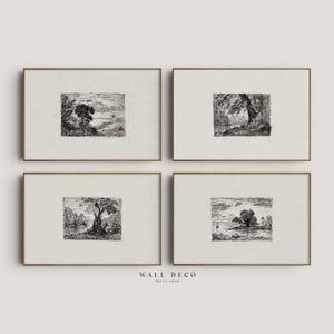 May include: Set of four black and white landscape prints in gold frames. Each print features a different scene with trees and water.