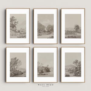 Neutral Landscape Sketch Prints: Vintage Farmhouse Gallery Wall Set Of 6 (Digital Printable Art)