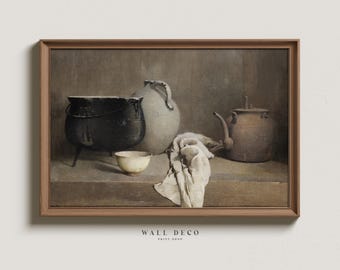 Vintage Kitchenware Still Life Art Print: Rustic Farmhouse Painting (Digital Download)