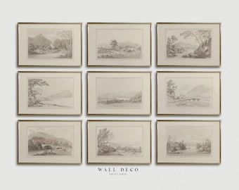 Vintage Landscape Drawing Prints Set of 9: Neutral Countryside Gallery Wall Art (Digital Printable)