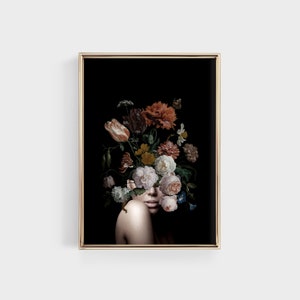 Vintage Floral Head Portrait: Surreal Woman Art Print (Digital Printable)