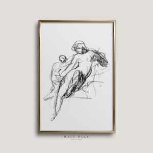 Vintage Abstract Mother and Child Charcoal Sketch Art Print, Antique Minimalist Female Figure Drawing, Nursery Digital Printable Wall Decor