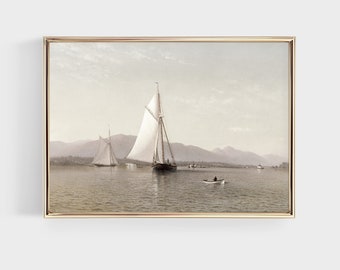 Neutral Vintage Sailboat Painting, Antique Lake House Wall Art, Muted Landscape Print, Digital Printable