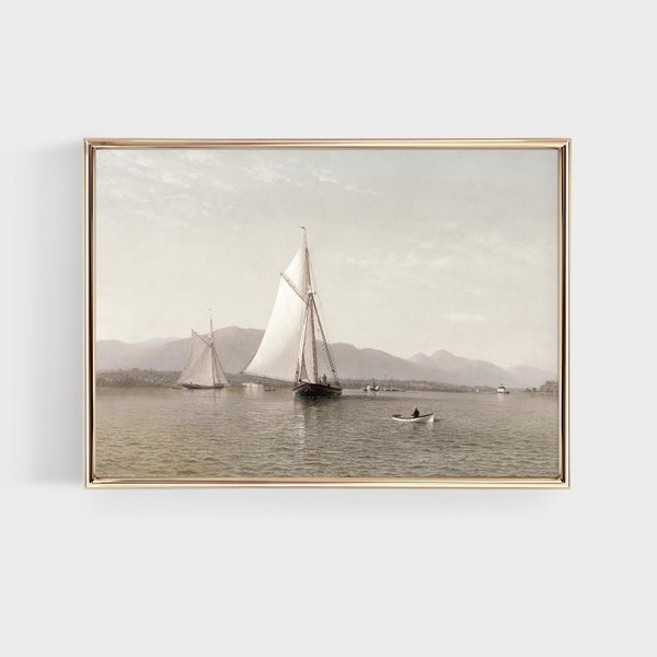 Neutral Vintage Sailboat Painting, Antique Lake House Wall Art, Muted Landscape Print, Digital Printable