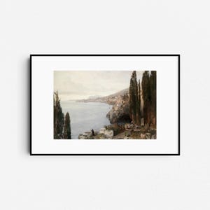 May include: A painting depicting a coastal scene with a rocky cliffside, a body of water, and a group of cypress trees. The scene is painted in a realistic style with muted colors.