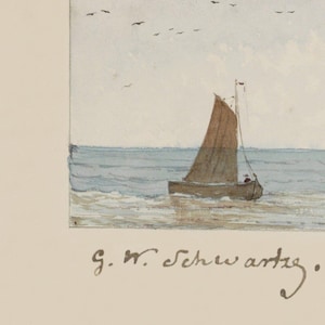 Puede incluir: Acuarela de un velero en el oc&eacute;ano. El barco tiene una vela marr&oacute;n y navega sobre agua azul. El cielo es azul claro con algunos p&aacute;jaros volando por encima. La firma del artista, "g. w. schwartz", est&aacute; en la parte inferior.