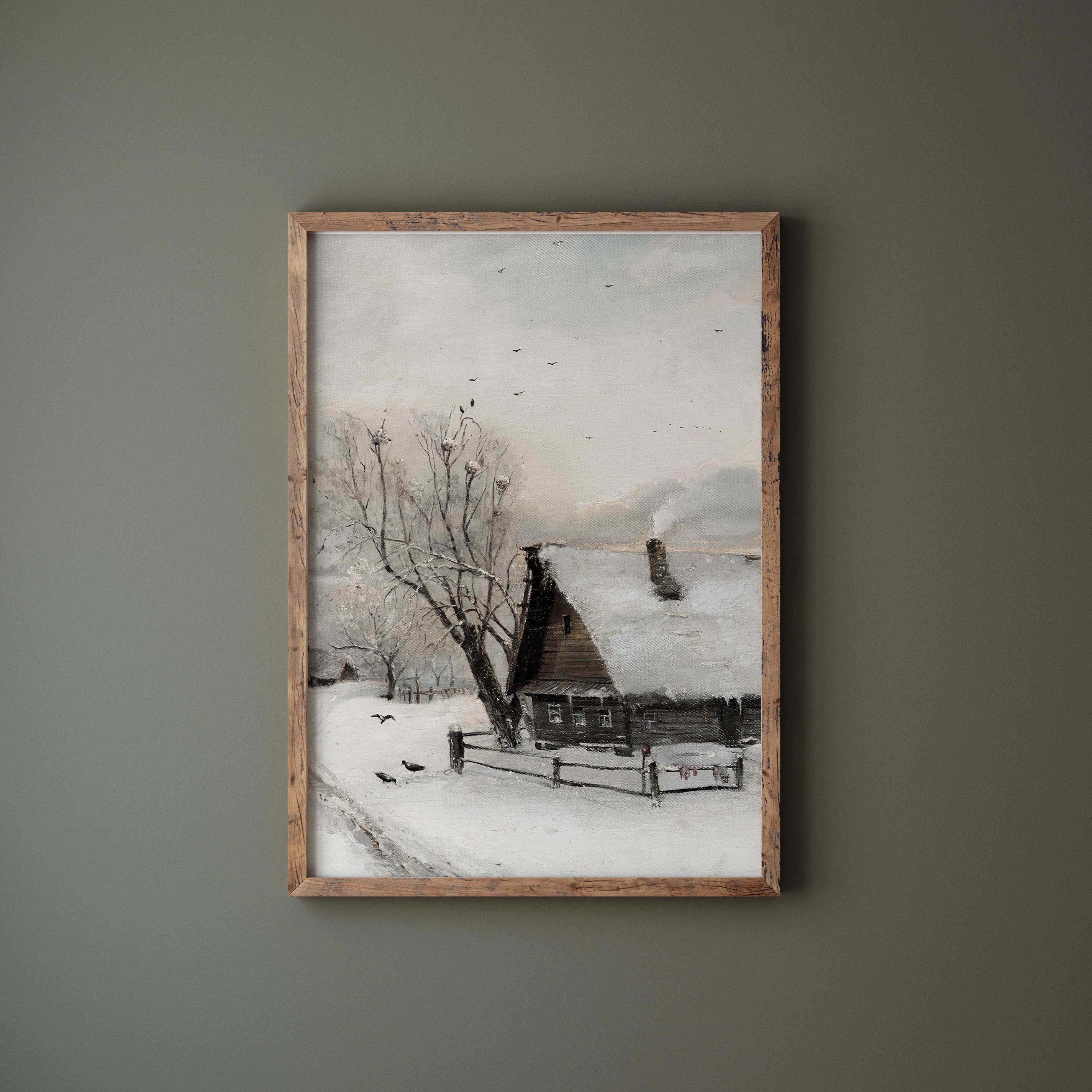 油絵　雪景色　民家　キャンバス 油彩画 洋画 (油絵額縁付きで納品対応可) P12号 まき散らし 「雪
