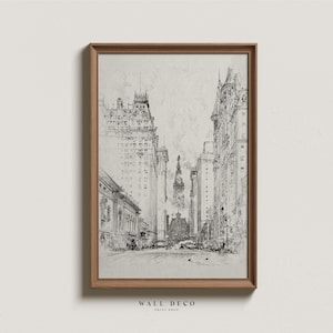 May include: A black and white line drawing of a city street with tall buildings on either side. The buildings are drawn in a realistic style, with details such as windows and doors. The street is empty, except for a few birds flying in the sky.