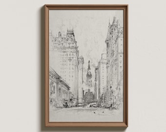 May include: A black and white line drawing of a city street with tall buildings on either side. The buildings are drawn in a realistic style, with details such as windows and doors. The street is empty, except for a few birds flying in the sky.
