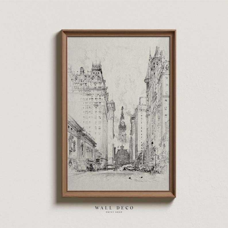 May include: A black and white line drawing of a city street with tall buildings on either side. The buildings are drawn in a realistic style, with details such as windows and doors. The street is empty, except for a few birds flying in the sky.