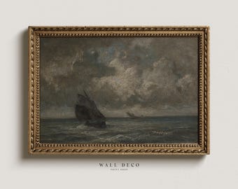 Vintage Seascape Painting: Antique Sailboat Art, Moody Ocean Print (Digital Download)
