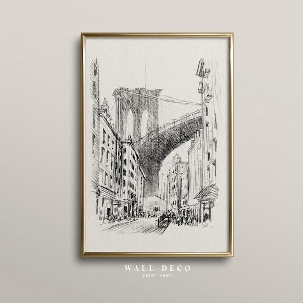 Brooklyn Bridge Vintage Sketch Art, Neutral New York Cityscape Wall Art, Antique Architecture Art Print, City Drawing PRINTABLE Download