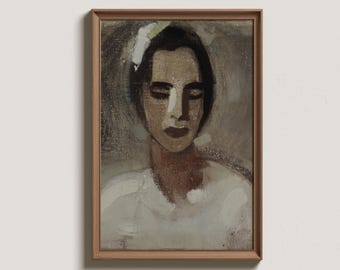 Vintage Female Portrait Print: Abstract Neutral Tone Oil Painting (Digital Download