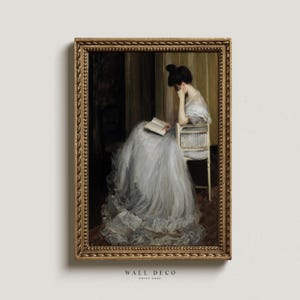 Vintage Woman Reading Oil Painting: Antique Female Art (Digital Printable)