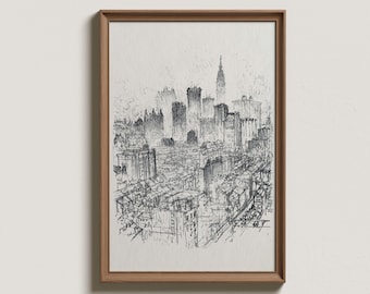 Puede incluir: Un dibujo en blanco y negro de un horizonte de ciudad con edificios altos, centrándose en los detalles de los edificios y las calles. El dibujo está enmarcado en un marco marrón claro.