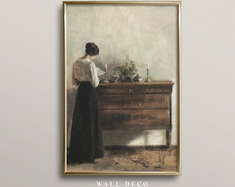 Vintage Portrait Painting, Woman Reading Wall Art, Antique Wall Decor, Vintage Woman Print, Digital Printable Wall Art
