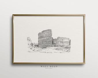 May include: A black and white line drawing of the Colosseum in Rome, Italy. The drawing is framed in a gold frame. The text "WALL DECO PRINT SHOP" is at the bottom of the image.