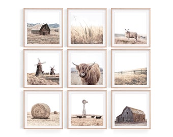 Set of 9 Square Farm Prints, Modern Farmhouse Wall Gallery, Country House Wall Decor, Digital PRINTABLE Wall Art
