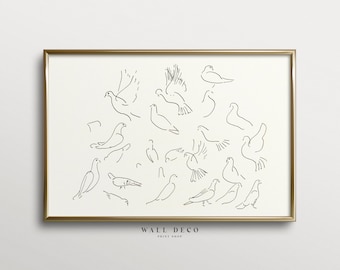 Vintage Doves Sketch Print: Minimalist Line Art (Digital Printable)