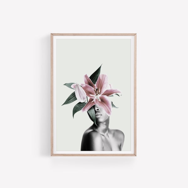 Flower Head Woman Collage Artwork Head Of Flowers Wall Art Portrait Of Black Woman with Flower Digital Printable Fashion Poster Wall Decor