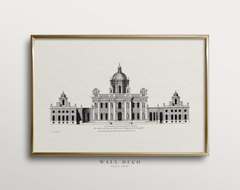 May include: Black and white line drawing of a large, ornate building with a central dome. The building has a symmetrical design with two wings extending out from the central section. The text "The Palace as it will be when the whole Front is finished and the Buildings at each end brought up to the height of the Wings. Elevation of the Front as it appeared to the right of the River." is below the image.
