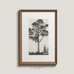 Vintage Pine Tree Sketch Art, Vintage Forest Etching Print, Muted Colors Tree Wall Art, Rustic Farmhouse Digital Printable Wall Decor