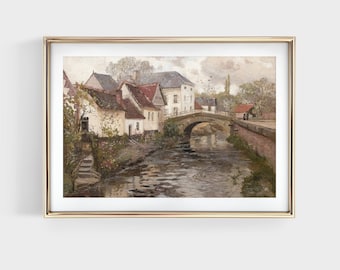 Vintage Canal Oil Painting, Antique European Village Wall Art, Rustic Country Print, Digital Printable