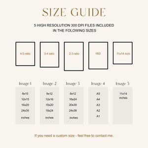 Puede incluir: Un gr&aacute;fico de gu&iacute;a de tallas beige con el texto "SIZE GUIDE" en la parte superior. Enumera cinco tama&ntilde;os de archivo de alta resoluci&oacute;n, incluidos 20x25 cm, 30x38 cm, 40x50 cm y 61x76 cm, con relaciones de aspecto y tama&ntilde;os ISO. El texto "If you need a custom size - feel free to contact me."
