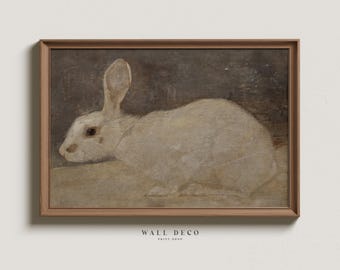 Vintage Rabbit Oil Painting Print: Rustic Farmhouse Wall Art (Digital Printable)