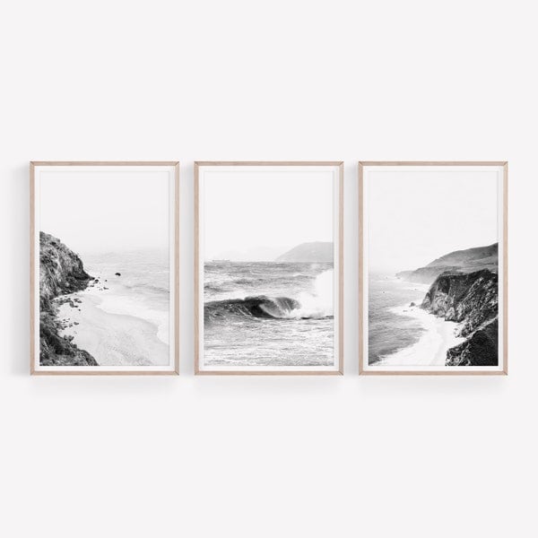 Ensemble de 3 impressions côtières, photos de plage en noir et blanc, impression de la côte californienne, ensemble de 3 art mural, ensemble d'impressions océan, photographie côtière