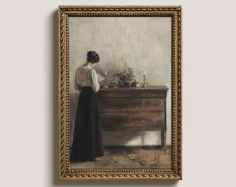 Art mural vintage femme lisant, peinture à l'huile féminine antique, décoration murale imprimable numérique ferme moderne