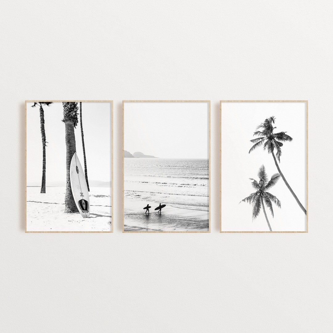 Set of 3 Black and White Surf Prints Beach Wall Art Digital Printable