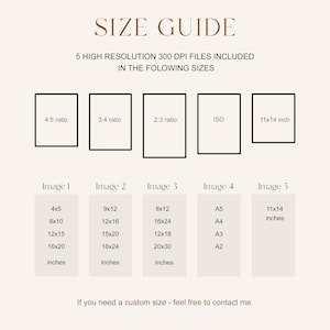 May include: Size guide for digital prints, showing five different aspect ratios and sizes. The sizes are listed in inches, including 4x5, 8x10, 12x15, 16x20, 9x12, 12x16, 15x20, 18x24, 8x12, 16x24, 12x18, 20x30, A5, A4, A3, A2, and 11x14 inches. The text "If you need a custom size - feel free to contact me." is at the bottom of the image.