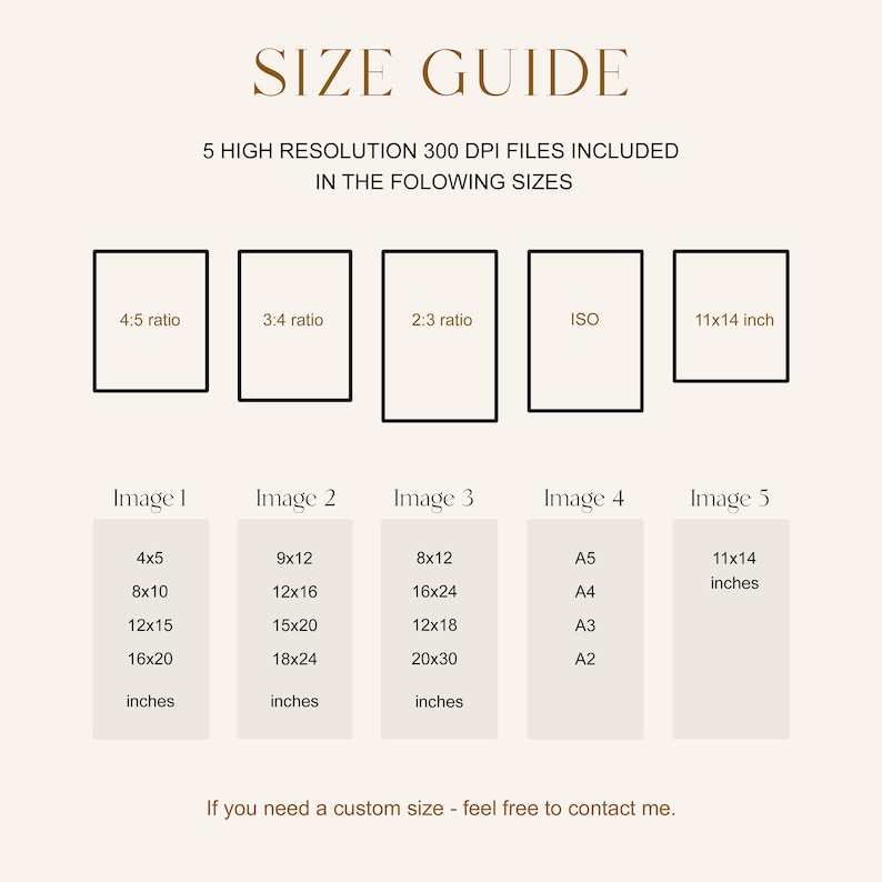 May include: Size guide for digital prints, showing five different aspect ratios and sizes. The sizes are listed in inches, including 4x5, 8x10, 12x15, 16x20, 9x12, 12x16, 15x20, 18x24, 8x12, 16x24, 12x18, 20x30, A5, A4, A3, A2, and 11x14 inches. The text "If you need a custom size - feel free to contact me." is at the bottom of the image.