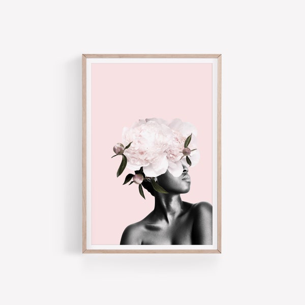 Flower Head Woman Collage Artwork Head Of Flowers Wall Art Surreal Portrait Of Black Woman With Peonies Wall Art Pink Fashion Wall Decor