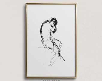 Vintage Figure Sketch Art Print: Minimalist Line Drawing (Digital Download)