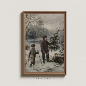 Vintage Christmas Landscape Painting: Rustic Winter Scene (Printable)