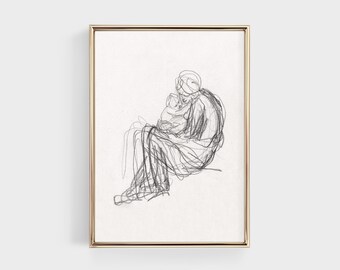 Mother and Child Charcoal Drawing, Vintage Abstract Sketch, Nursery Wall Decor,  Digital Printable, Antique Wall Art