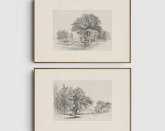 Vintage Land Landschaft Skizze Prints: Neutrale Bauernhaus Landschaft 2er-Set (digitaler Download)