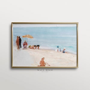 Vintage Beach Scene Art Print, Colorful Coastal Landscape Painting, Soft Pastel Summer Wall Art, Nursery Digital PRINTABLE Wall Decor