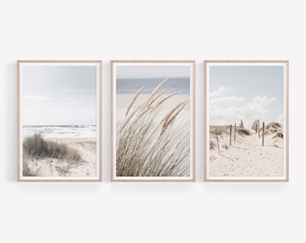 Set of 3 Coastal Prints, Beach Wall Art Set, Neutral Coast Photography, Landscape Prints Set, Beach House Wall Decor, Ocean Print