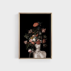 Flower Head Woman Collage Wall Art Head Of Flowers Artwork Surreal Portrait Of Girl with Vintage Flower Digital Printable Fashion Wall Decor