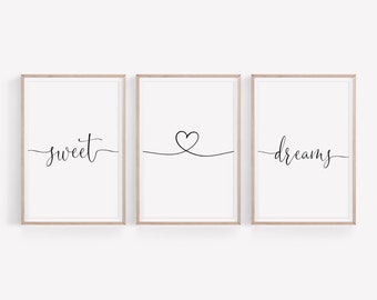 Sweet Dreams Set of 3 Prints, Bedroom Wall Art, Sweet Dreams Sign, Above Bed Wall Art, Nursery Prints Set, Typography Poster, Minimalist Art