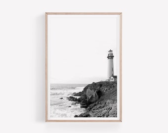 Black and White Lighthouse Photography, Coastal Printable Wall Art, Beach House Decor, Minimalist Ocean Print, Instant Download Art Print