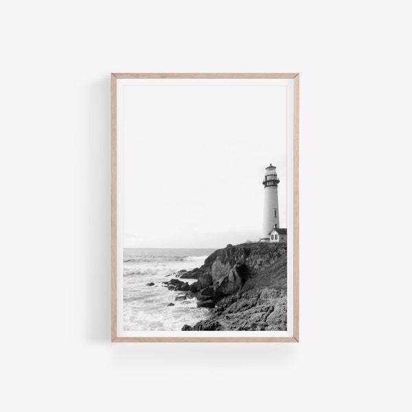Black and White Lighthouse Photography, Coastal Printable Wall Art, Beach House Decor, Minimalist Ocean Print, Instant Download Art Print