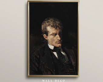 Dark Moody Portrait of a Man, Vintage Portrait Oil Painting, Farmhouse Wall Art, Digital Printable Wall Art