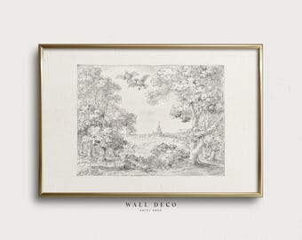 Vintage Country Landscape Art Print: Rustic Farmhouse Scene Drawing (Digital Printable)
