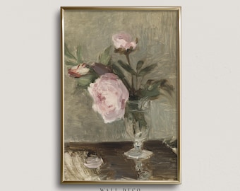 Vintage Pink Peonies Floral Still Life Art Print (Digital Download)